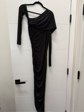 cult gaia Black One-Shoulder Ruched Sparkle Gown